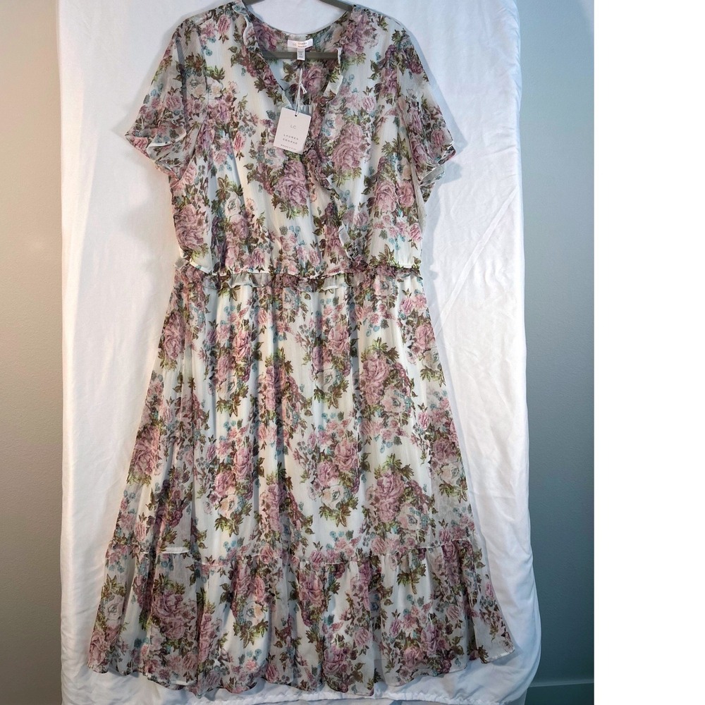 LC Lauren Conrad Floral Ruffle Midi Dress Purple Cream Plus Size 1X NWT
